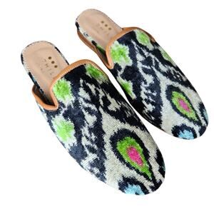 7 Hills Living Black Green Silk Ikat Velvet Slippers Loafers Shoes, 41